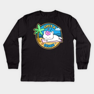 "Life's A Beach" Kawaii kitty sunbathing on a beach Kids Long Sleeve T-Shirt